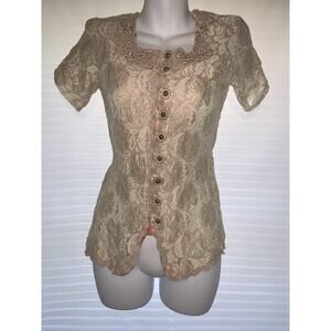 Vintage Y2K Lace Short Sleeve Button Down Ivory Lace Blouse Shirt Size Small